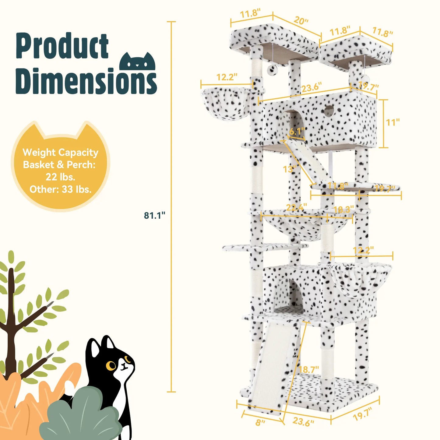 HOOMIC 81In Large Cat Tree Tower, Multi-Level Climbing House with Condo, Hammock & Scratching Post, Wide Base for Big Felines, Grey/Beige/Dark Blue/Pink/Leopard Print/Black Dots#Summervibes
