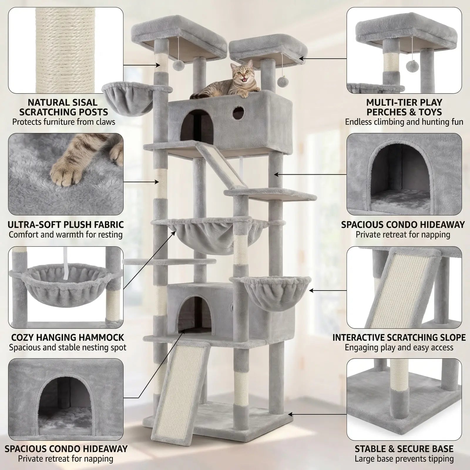 HOOMIC 81In Large Cat Tree Tower, Multi-Level Climbing House with Condo, Hammock & Scratching Post, Wide Base for Big Felines, Grey/Beige/Dark Blue/Pink/Leopard Print/Black Dots#Summervibes