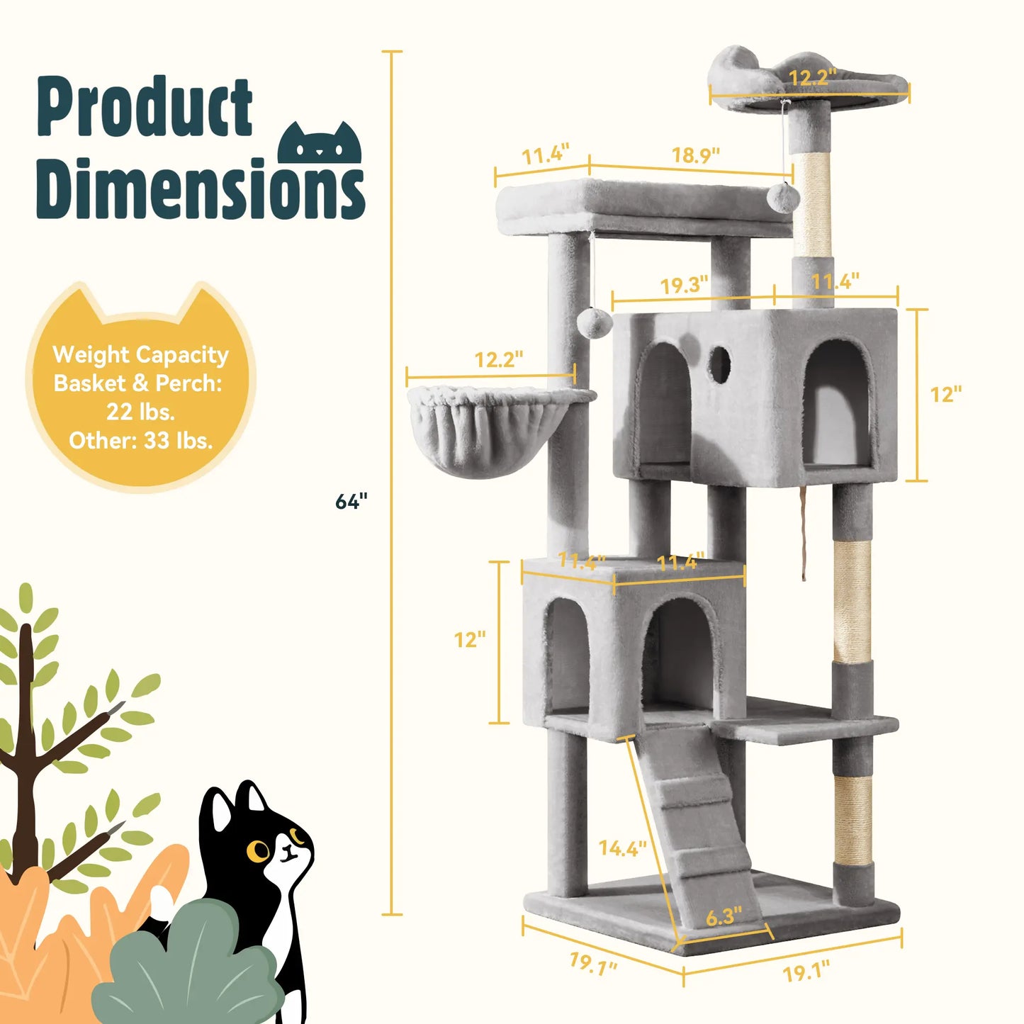 HOOMIC 64-Inch Large Cat Tree – Multi-Level Cat Tower with Durable Activity Center for Indoor Cats,Beige/Dark Grey/Grey/Pink/Leopard Print & Spot Patterns#Summervibes