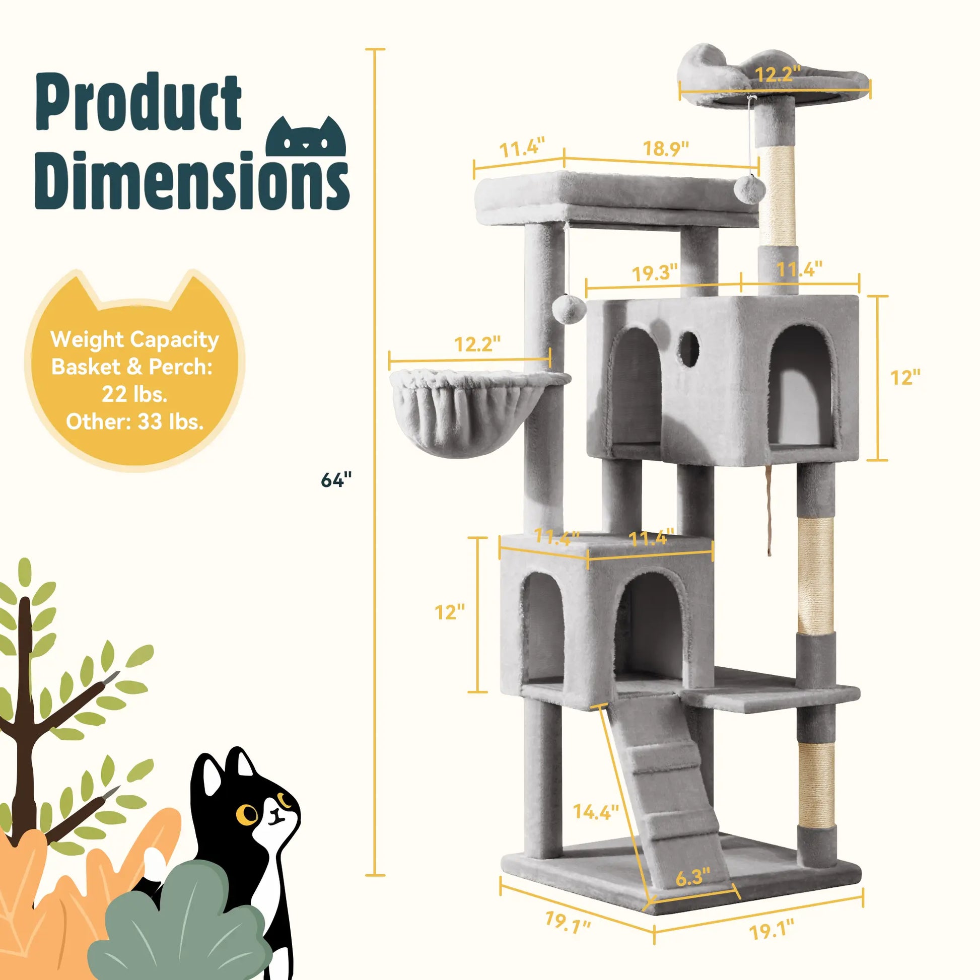 HOOMIC 64-Inch Large Cat Tree – Multi-Level Cat Tower with Durable Activity Center for Indoor Cats,Beige/Dark Grey/Grey/Pink/Leopard Print & Spot Patterns#Summervibes