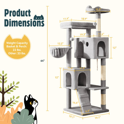 HOOMIC 64-Inch Large Cat Tree – Multi-Level Cat Tower with Durable Activity Center for Indoor Cats,Beige/Dark Grey/Grey/Pink/Leopard Print & Spot Patterns#Summervibes