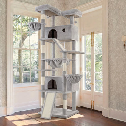 HOOMIC 81In Large Cat Tree Tower, Multi-Level Climbing House with Condo, Hammock & Scratching Post, Wide Base for Big Felines, Grey/Beige/Dark Blue/Pink/Leopard Print/Black Dots#Summervibes