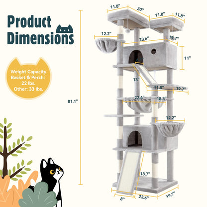 HOOMIC 81In Large Cat Tree Tower, Multi-Level Climbing House with Condo, Hammock & Scratching Post, Wide Base for Big Felines, Grey/Beige/Dark Blue/Pink/Leopard Print/Black Dots#Summervibes