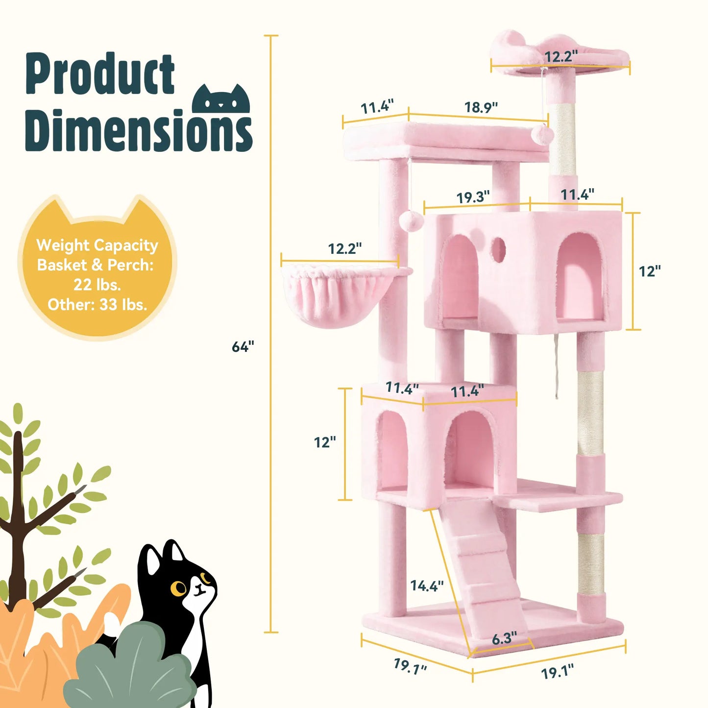 HOOMIC 64-Inch Large Cat Tree – Multi-Level Cat Tower with Durable Activity Center for Indoor Cats,Beige/Dark Grey/Grey/Pink/Leopard Print & Spot Patterns#Summervibes