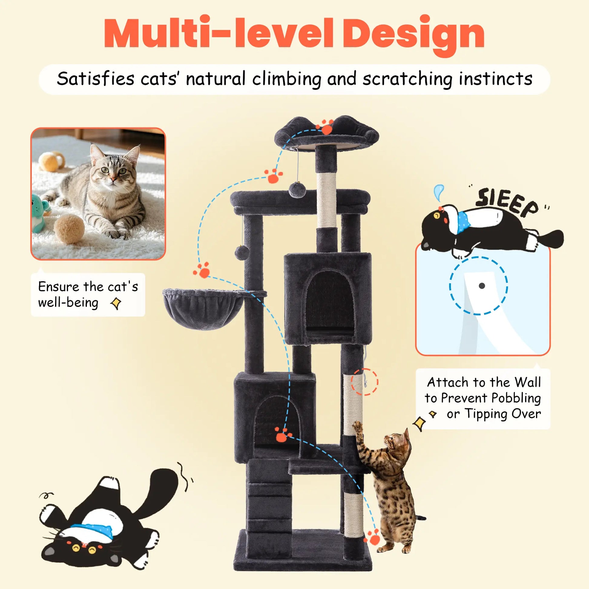 HOOMIC 64-Inch Large Cat Tree – Multi-Level Cat Tower with Durable Activity Center for Indoor Cats,Beige/Dark Grey/Grey/Pink/Leopard Print & Spot Patterns#Summervibes