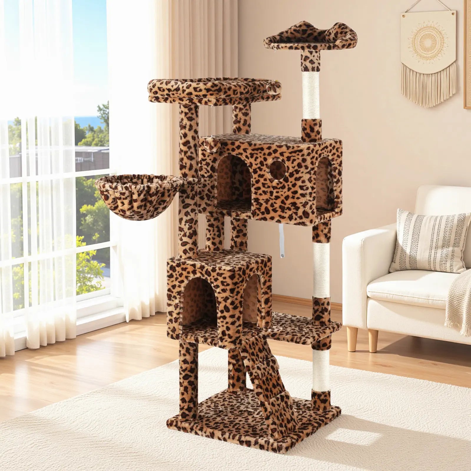 HOOMIC 64-Inch Large Cat Tree – Multi-Level Cat Tower with Durable Activity Center for Indoor Cats,Beige/Dark Grey/Grey/Pink/Leopard Print & Spot Patterns#Summervibes