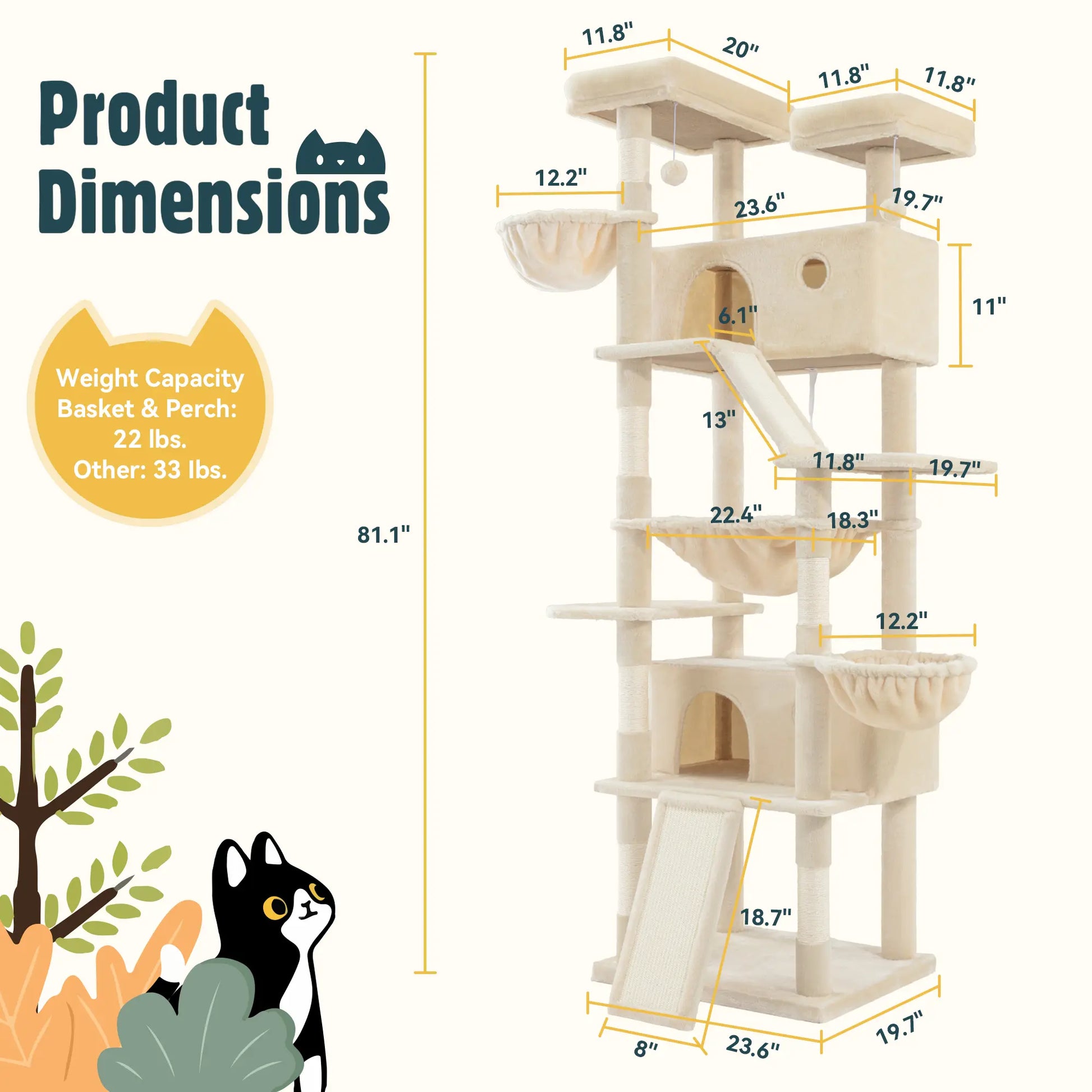 HOOMIC 81In Large Cat Tree Tower, Multi-Level Climbing House with Condo, Hammock & Scratching Post, Wide Base for Big Felines, Grey/Beige/Dark Blue/Pink/Leopard Print/Black Dots#Summervibes