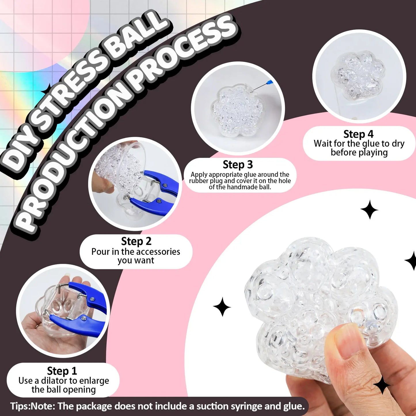 DIY Handmade Stress Relief Ball Kit, Shiny Series, Stress Relieving Accessory, Includes 6 Accessories, 6 Transparent Cat Paw Balls, Expander, 8 Straps